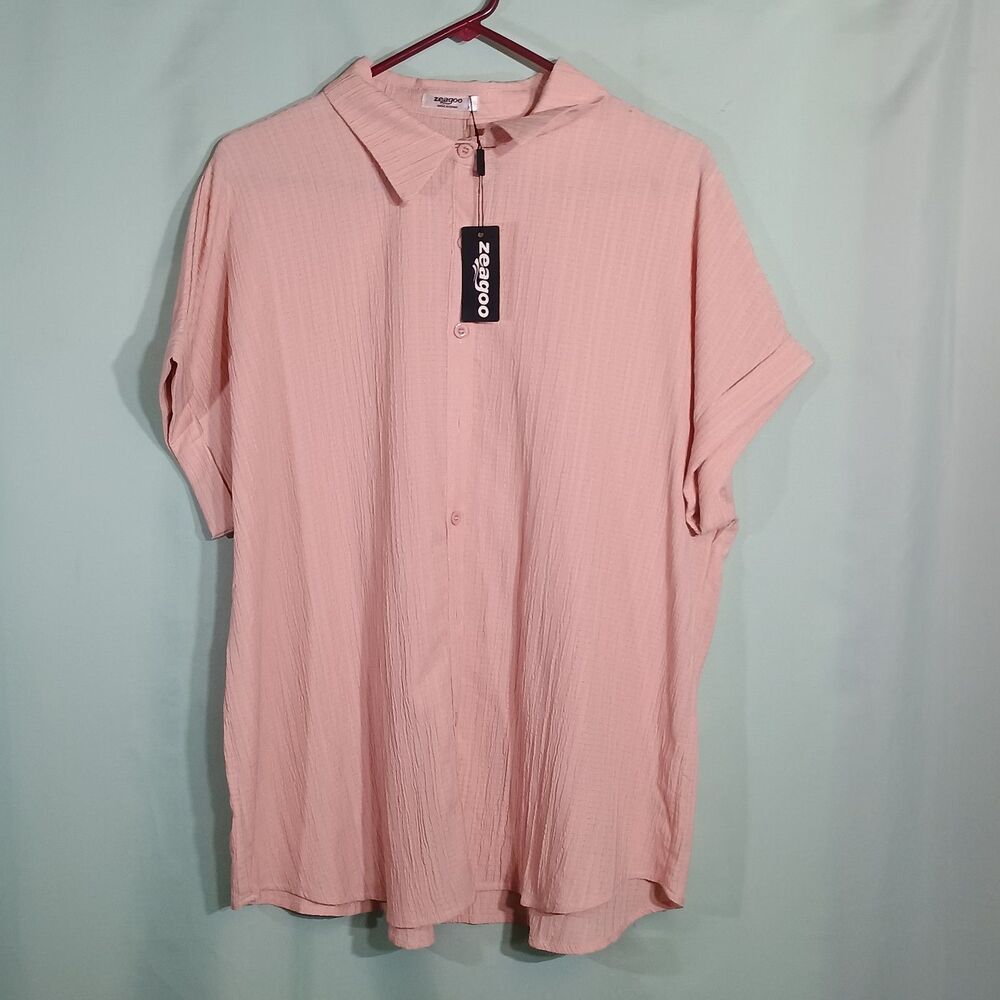 Zeagoo Women’s Light Pink Button-Up Shirt – Textured Short Sleeve